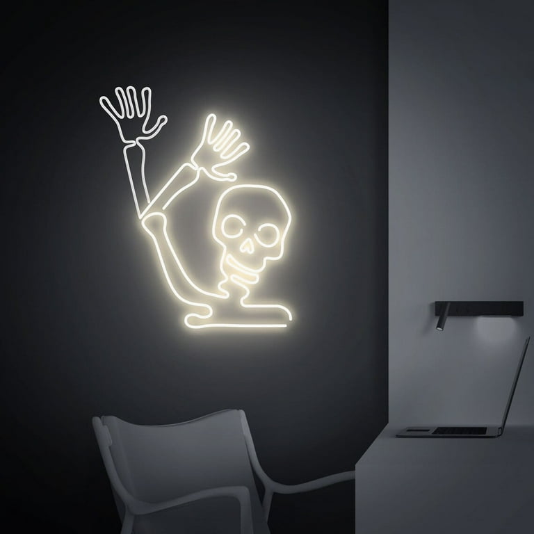Waving Skeleton Neon Sign – Dimmable Flashing Halloween Wall Light With USB Power, Ghost & Skull LED Decor
