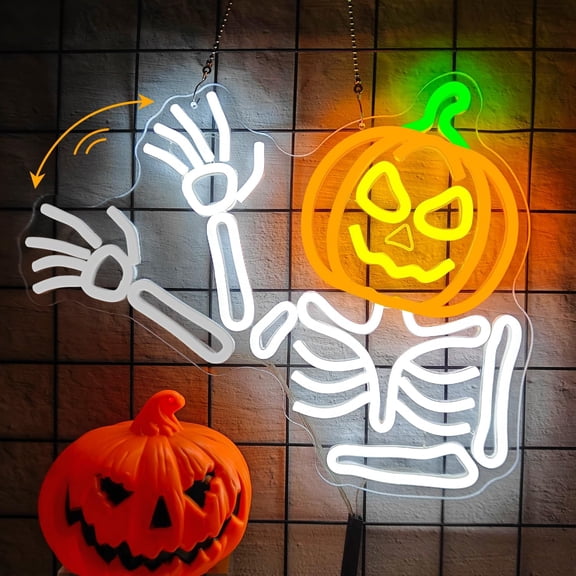 Waving Skeleton Neon Sign Dimmable Flashing Neon Halloween Sign Pumpkin Skeleton Led Signs Jack o Lantern Halloween Window Lights Ghost Skull Led Wall Decor