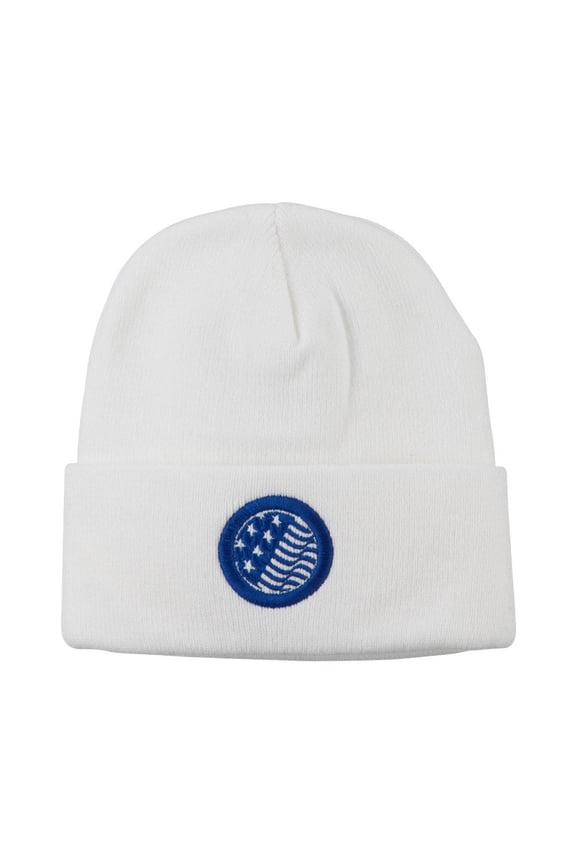 Waving USA Flag Embroidered Long Beanie - White OSFM