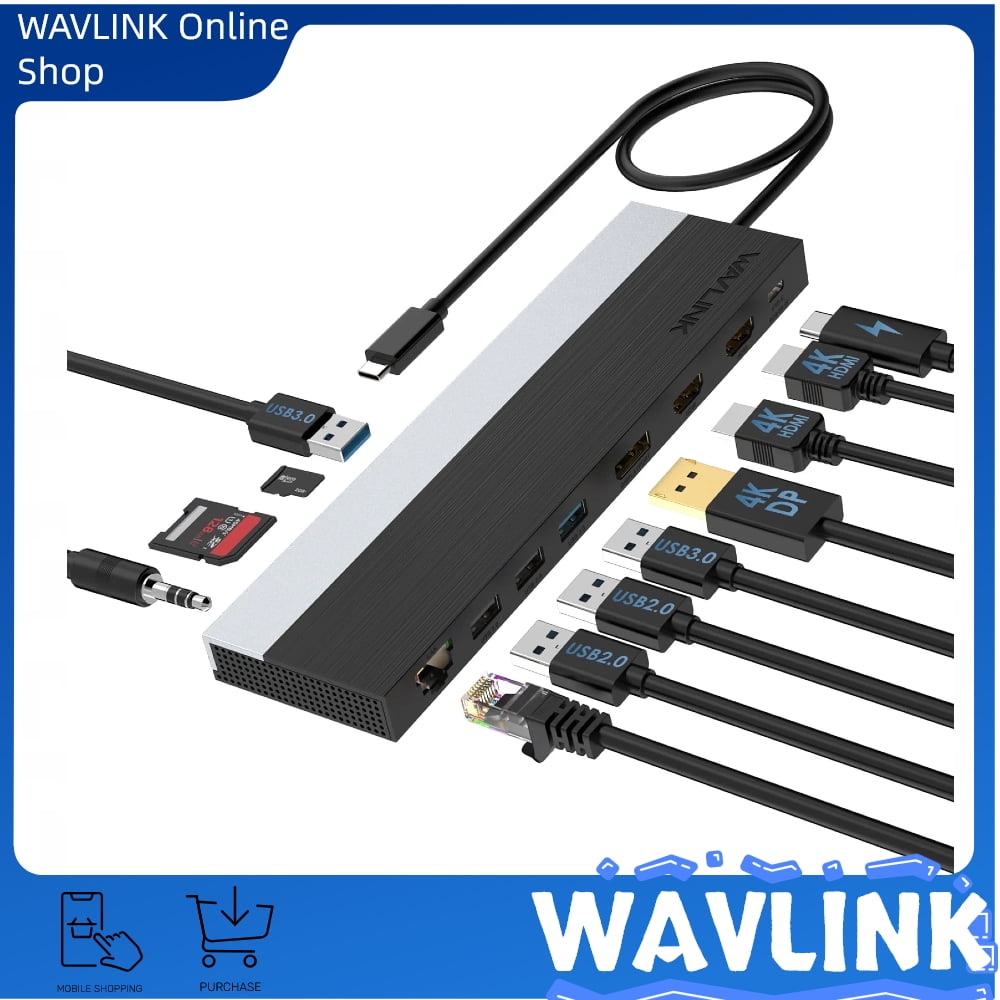 Wavlink 12-in-1 USB C Triple Display Docking Station, Max 4K@60Hz, 85W Charging