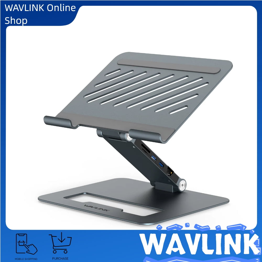 Wavlink Adjustable Aluminum Laptop Stand with 9-in-1 USB C Dock, Ergonomic Portable Computer Riser Compatible with MacBook & Windows, 10-17" Notebook and Tablet