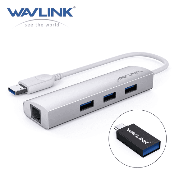 Wavlink USB 3.0 3 Ports Hub with Gigabit Ethernet Adapter, Unibody Aluminum Alloy Body Slim and Sandblasted Surface Supports for Windows Mac OS