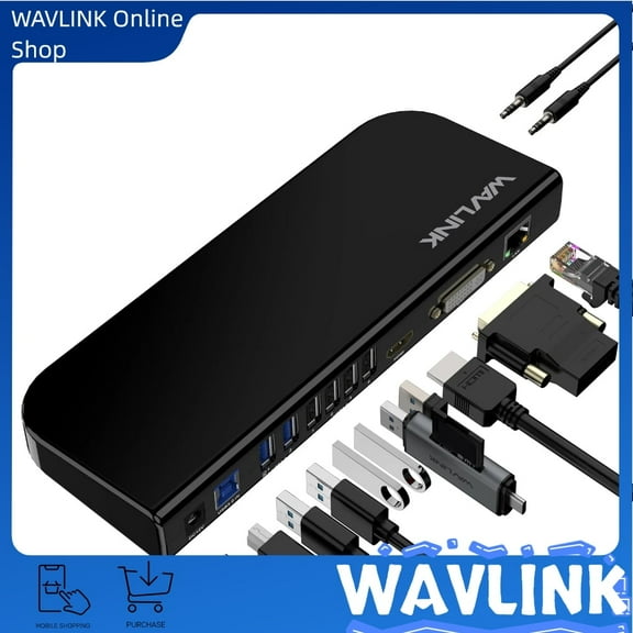 Wavlink USB 3.0 Universal Laptop Docking Station, 13-in-1 USB-C Hub Dual Monitor for M1/M2 Mac, Windows, Thunderbolt 3&4