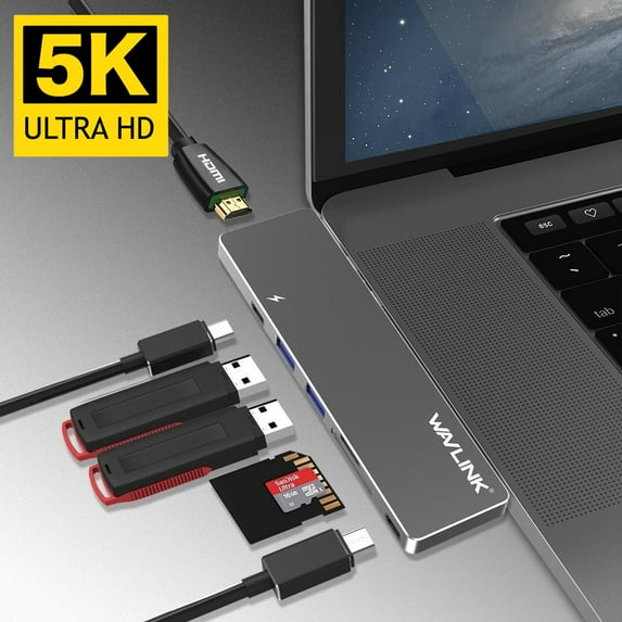 Wavlink USB-C Hub Aluminum Type C Adapter for Macbook Pro 2016/2017 13&15, Best dock- 5K@60Hz 40GbS TB3, Pass-Through Charging, USB-C data port, 2 USB 3.0, SD / Micro SD Card Reader-Grey