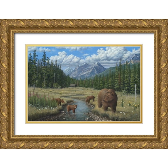 Wavra, Robert 24x17 Gold Ornate Wood Framed with Double Matting Museum Art Print Titled - Checking Things Out - Grizzlies