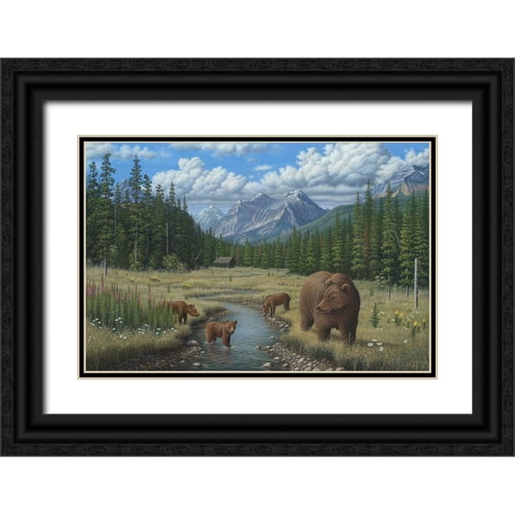 Wavra, Robert 32x23 Black Ornate Wood Framed with Double Matting Museum Art Print Titled - Checking Things Out - Grizzlies