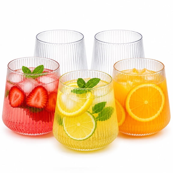 Wavraging 24 Pack Plastic Wine Glasses Disposable, 12 Oz Clear Ribbed Stemless Wine Cups, Unbreakable Plastic Wine Cocktail Champagne Whiskey Glasses, Reusable Cups for Party Wedding Home Office