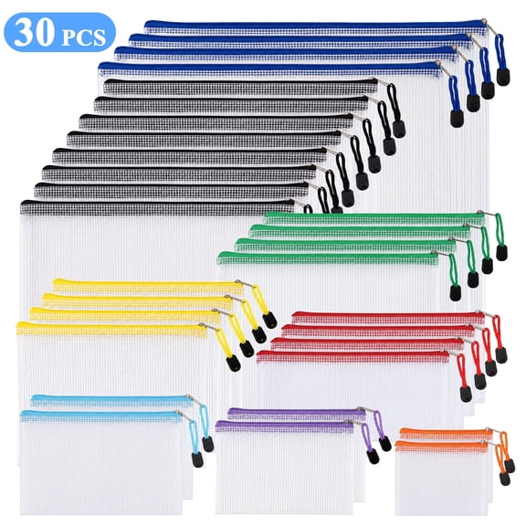 Wavraging 30 Pack Mesh Zipper Pouch Bags, 8 Sizes Plastic Zipper Pouches, Multipurpose Waterproof Clear Organizer Bags for Office Supplies, Puzzle, Board Games and Home Organization Storage