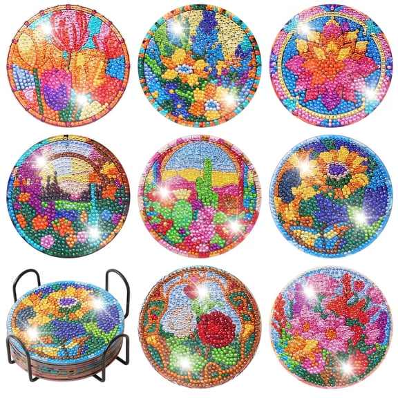 Wavraging 8PCS Diamond Art Coasters Kit, Flowers Diamond Painting Coasters for Adult, Non-Slip Full Drill DIY Diamond Dot Coaster Art Supplies with Holder for Home Decor House Warming