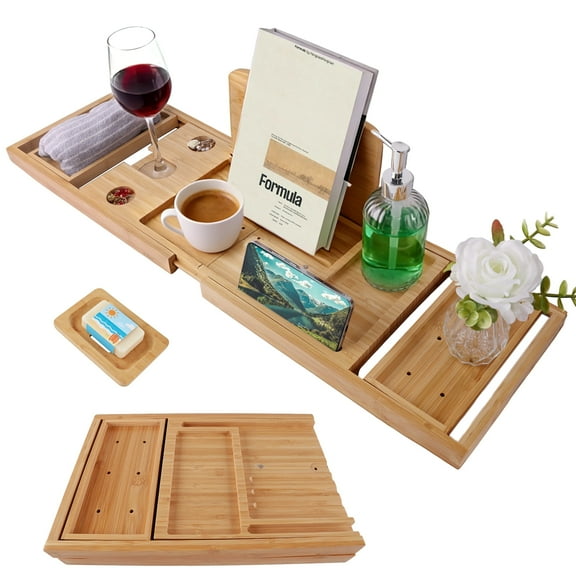 Wavraging Bathtub Tray Caddy, Expandable Bamboo Bath Tray Table with Adjustable Non-Slip Design, Book and Wine Holder, Foldable Bathroom Accessories for Spa, Housewarming, Anniversary & Wedding Gifts