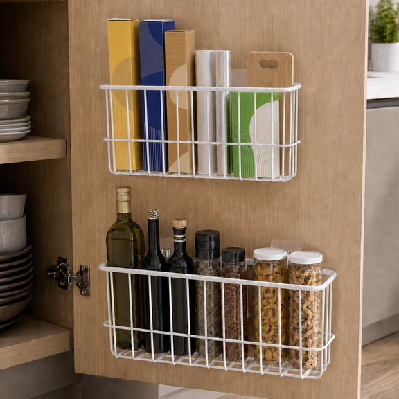 Wavraging Cabinet Door Organizer, 2 Pack Adhesive Hanging Wire Baskets for Cabinet and Pantry, No Drill Wall Mounted Storage for Kitchen, Fridge, Bathroom
