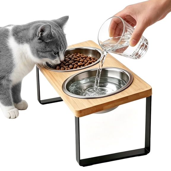 Wavraging Elevated Cat Bowls, 15°Tilted Raised Cat Food Bowls Stand with 2 Stainless Steel Cat Dishes for Food & Water, Anti-Vomiting Whisker-Friendly Pet Feeding Station for Indoor Cats & Puppy