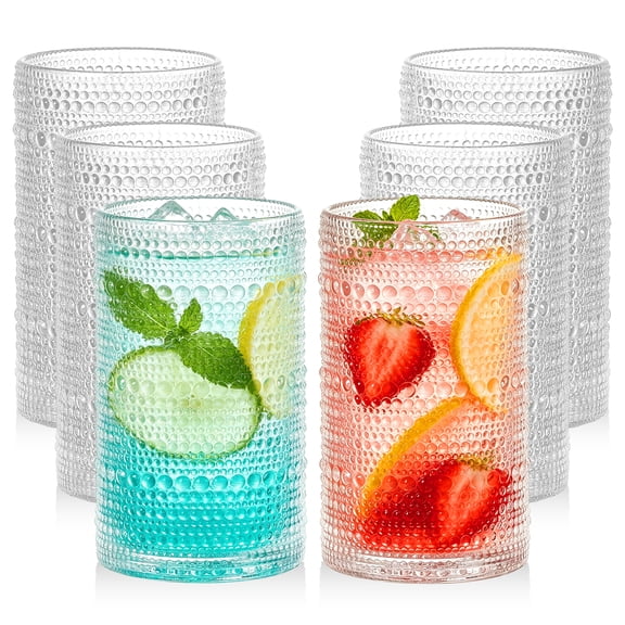 Wavraging Hobnail Drinking Glasses Set of 6, 12 oz Vintage Highball Glasses, Embossed Glass Cups for Kitchen, Bar Tumbler Glassware Set for Water, Iced Coffee, Ice Tea, Cocktail, Beer, Whiskey, Wine