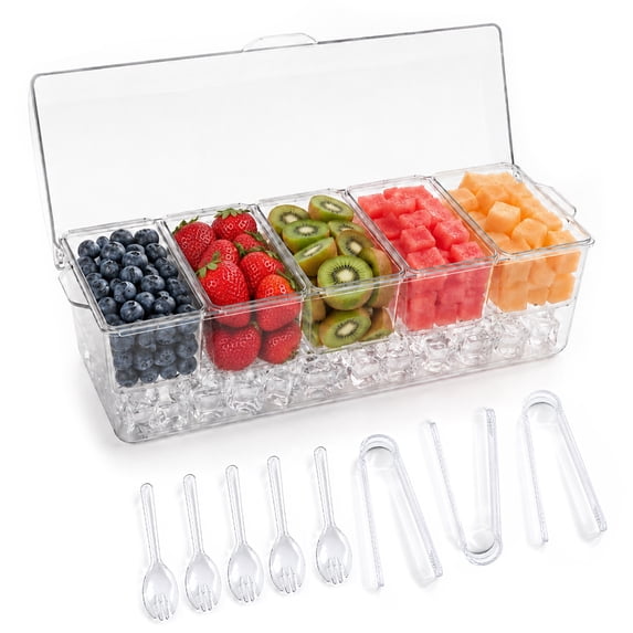 Wavraging Ice Chilled Condiment Caddy, Condiment Containers for 5 Removable Compartments (2.5 Cup Each), Clear Chilled Condiment Server with Lid, Garnish Tray for Fruit, Salad, Party & Outdoor Events