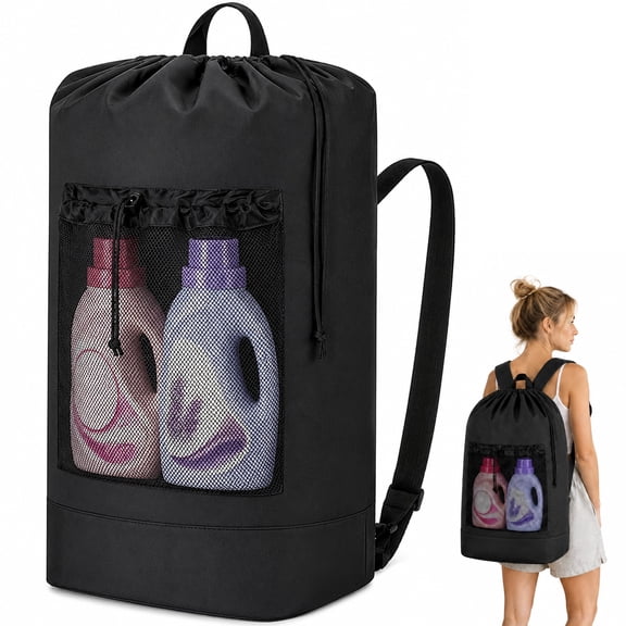 Wavraging Laundry Backpack Bag, Extra Large Laundry Bag with Shoulder Straps and Mesh Pocket, Drawstring Closure Clothes Hamper for College, Travel, Laundromat, Apartment (Black)
