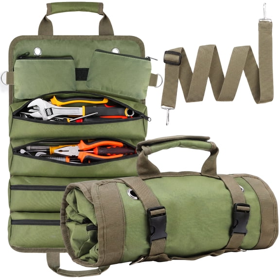 Wavraging Tool Roll, Heavy Duty Roll Up Tool Bag, Motorcycle Tool Roll Bag with 2 Detachable Pouches, Portable Tool Bag Organizer Storage for Mechanic Electrician Welding, Gifts for Men Dad