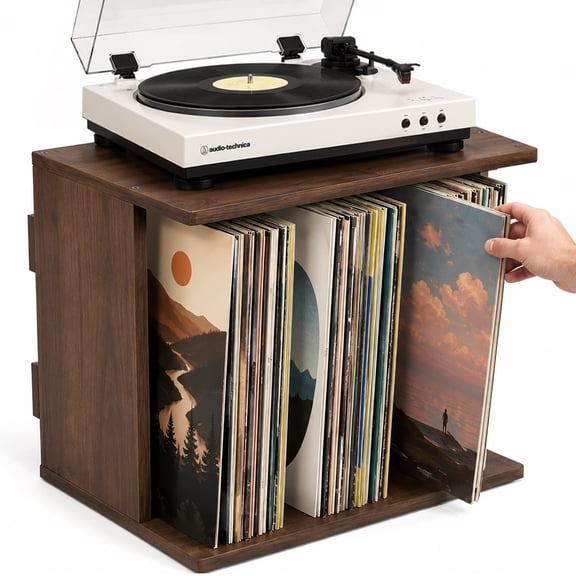 Wavraging Vinyl Record Storage Holder Up to 80100 Albums, 3-Compartment Vinyl Record Organizer Stand, Wooden Record Player Storage for LPs, Magazine, Books & Files, Walnut Finish