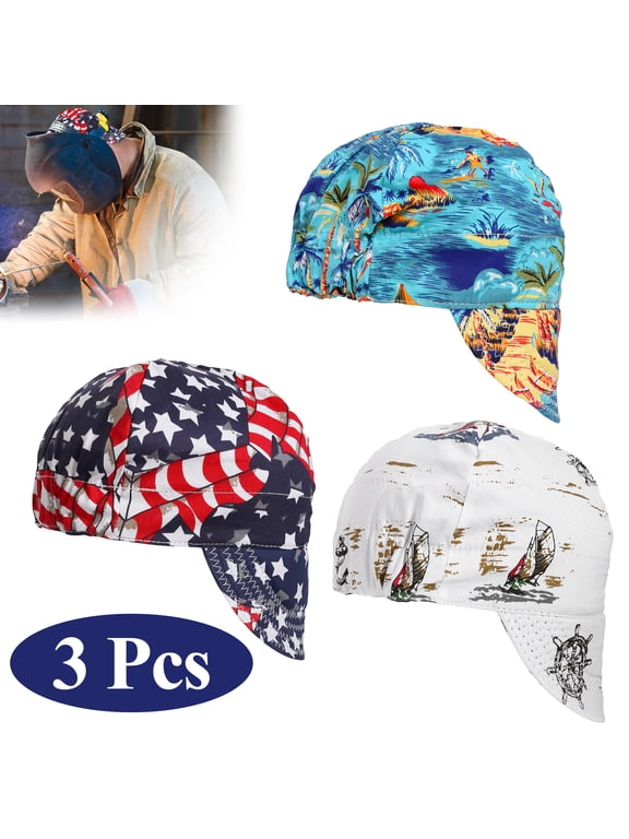 Welding Caps, 3 Pcs Protective Welders Cap, Flame Resistant Cotton Welding Cap, Mesh Inside Printed Caps for Men & Women, Welding Hat for Safety and Protection While Welding