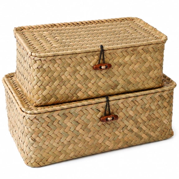 Wavraging Wicker Basket with Lid Set of 2, Seagrass Storage Basket Bins, Rectangular Woven Basket for Storage, Multipurpose Decorative Display Boxes with Lids for Organizing Home Shelf