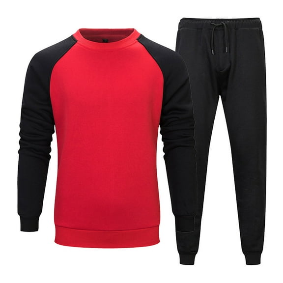 Wavsuf 2pcs Jogger Set Men Long Sweatsuits Sets for Mens Motion Pocket Shirt Sweatshirt and Sweatpants Red Size L