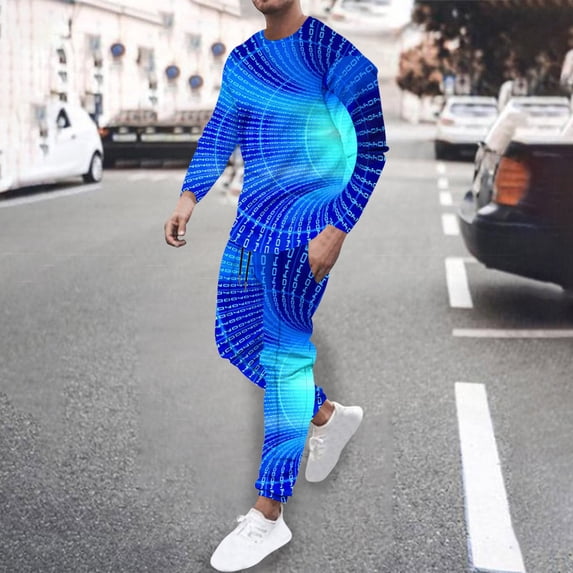 Wavsuf 2pcs Jogger Set Men Long Sweatsuits Sets for Mens New Motion Digital Shirt Sweatshirt and Sweatpants Blue Size 3XL