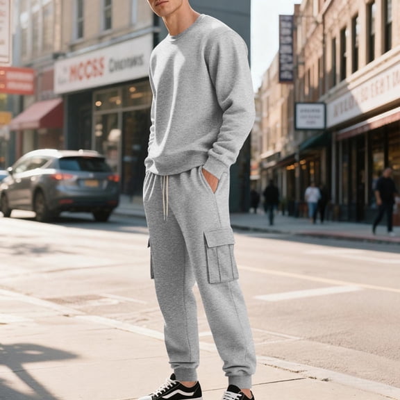 Wavsuf 2pcs Jogger Set Men Long Sweatsuits Sets for Mens Plush Loose Drawstring Shirt Sweatshirt and Sweatpants Gray Size 2XL