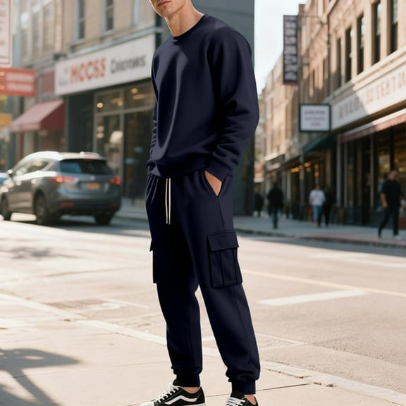 Wavsuf 2pcs Jogger Set Men Long Sweatsuits Sets for Mens Plush Loose Drawstring Shirt Sweatshirt and Sweatpants Navy Size L