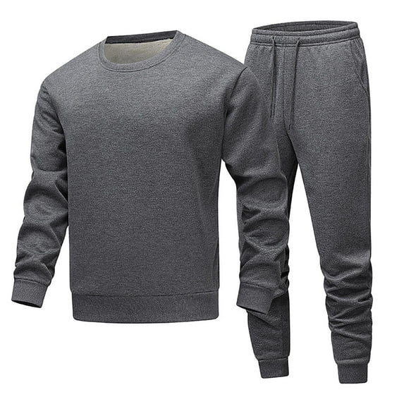Wavsuf 2pcs Jogger Set Men Long Sweatsuits Sets for Mens Plush Pocket Drawstring Shirt Sweatshirt and Sweatpants Dark Gray Size M