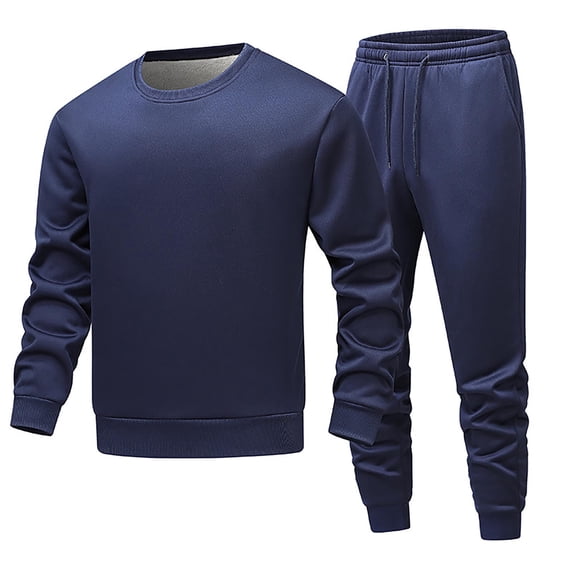Wavsuf 2pcs Jogger Set Men Long Sweatsuits Sets for Mens Plush Pocket Drawstring Shirt Sweatshirt and Sweatpants Navy Size 2XL