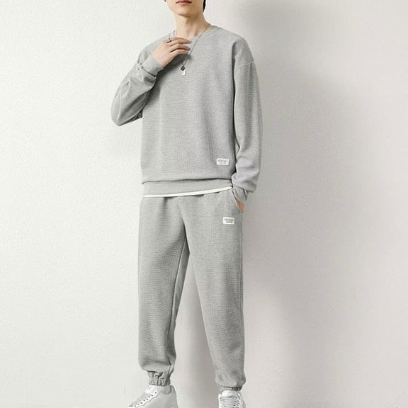 Wavsuf 2pcs Jogger Set Men Long Sweatsuits Sets for Mens Shirt Sweatshirt and Sweatpants Gray Size M