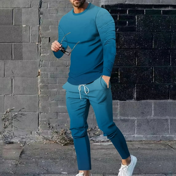 Wavsuf 2pcs Jogger Set Men Long Sweatsuits Sets for Mens Tight Shirt Sweatshirt and Sweatpants Blue Size 2XL