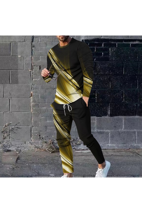 2pcs Jogger Set Men Long Sweatsuits Sets for Mens Tight Shirt Sweatshirt and Sweatpants Yellow Size L