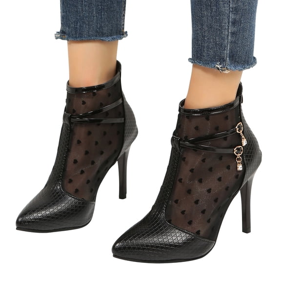 Wavsuf Boots for Women Short Ankle-High Printed with Zipper Winter with High Heel Black Shoes Size 42