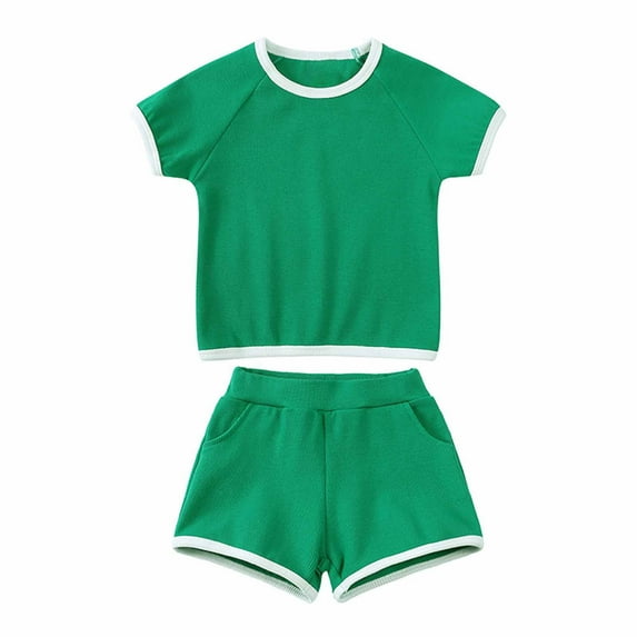 Cethrio Boy Clothes Sets Comfort Solid Cotton Shorts Short Sleeve Green Outfits Set Size 4-5 Years