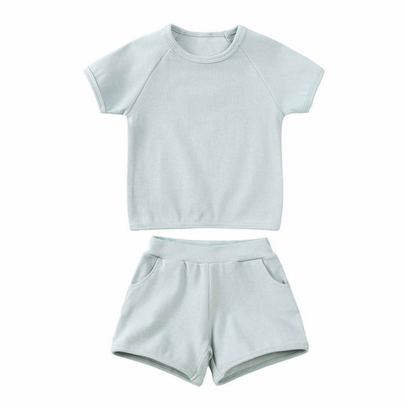 Wavsuf Boy Clothes Sets Comfort Solid Thin Cotton Short Sleeve Shorts Mint Green Outfits Set Size 3-4 Years