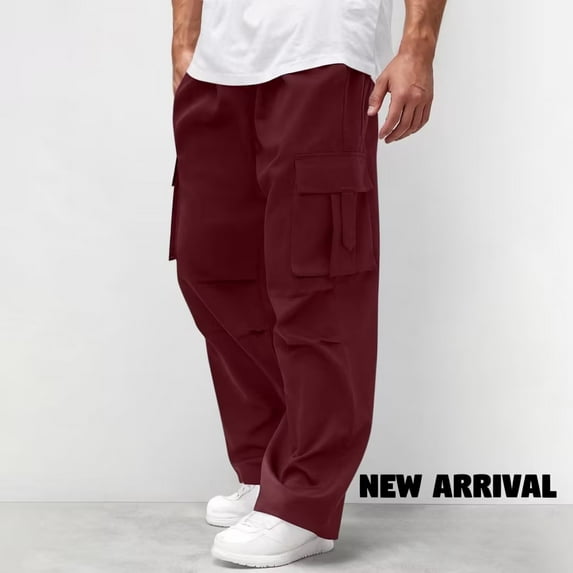 Wavsuf Cargo Pants for Men, Multi Pockets Casual Outdoor Straight Type Pleated Loose Fit Everyday Trousers Red XL