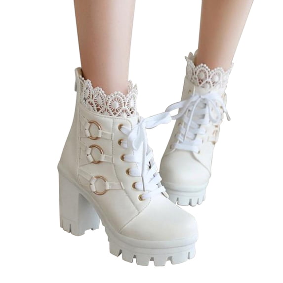 Wavsuf Combat Boots for Women Round Toe Hollow Out Oversized Short Ankle-High Low Heel White Shoes Size 40