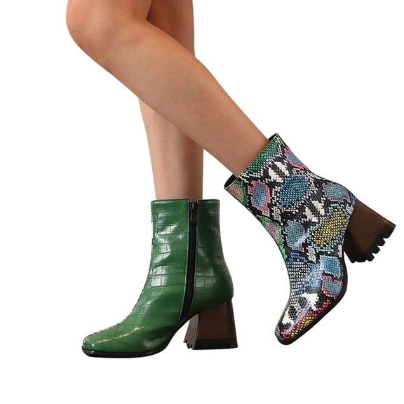 Wavsuf Combat Boots for Women Short Ankle-High with High Heel Square Toe with Zipper Oversized Green Shoes Size 39