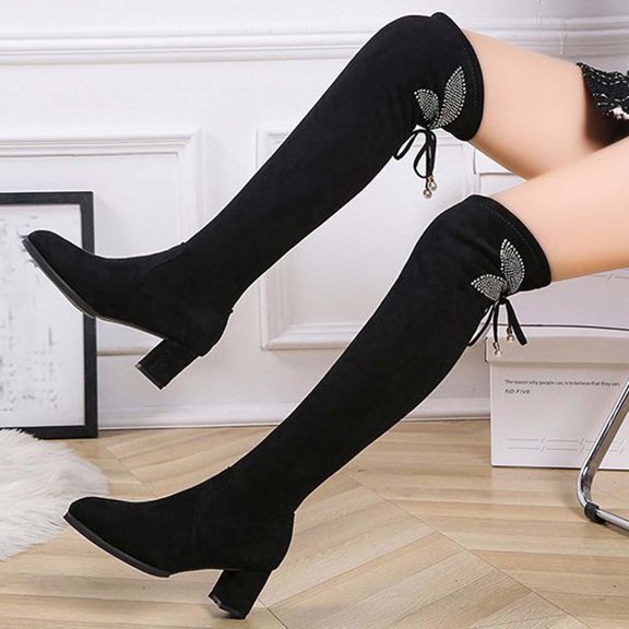 Wavsuf Cowboy Boots for Women Loose Flock with High Heel Winter Knee High with Fuzz Black Shoes Size 41