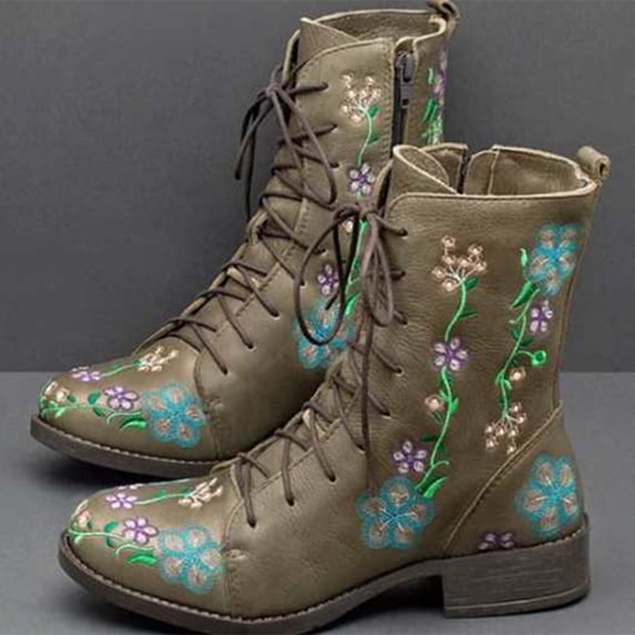 Wavsuf Cowboy Boots for Women Loose Round Toe Printed Short Ankle-High Green Shoes Size 38