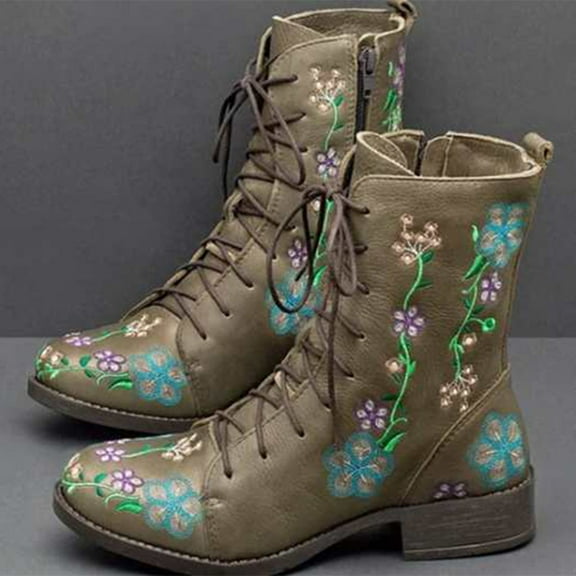 Wavsuf Cowboy Boots for Women Loose Short Ankle-High Round Toe Printed Green Shoes Size 37