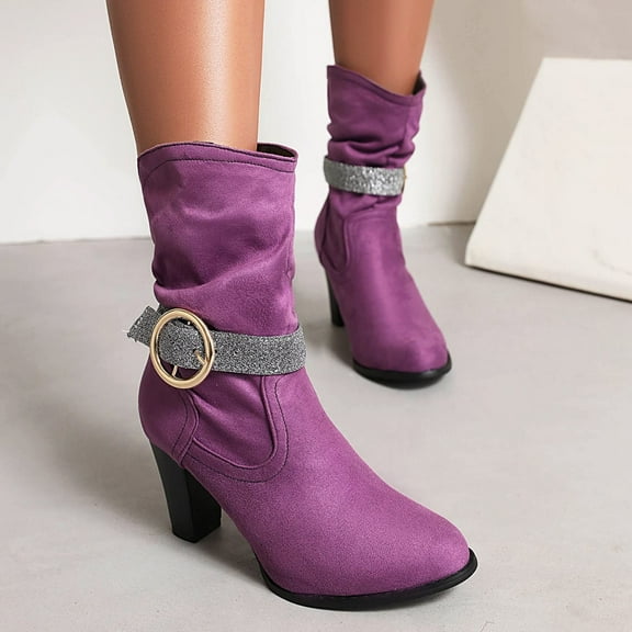 Wavsuf Cowboy Boots for Women Loose with High Heel Flock Mid Calf Round Toe Purple Shoes Size 37
