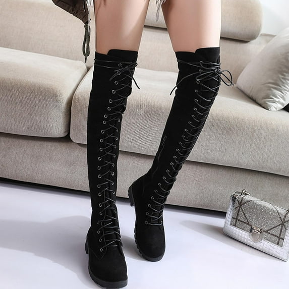 Wavsuf Cowboy Boots for Women Wide Calf Round Toe Low Heel Flock Knee High Black Shoes Size 39