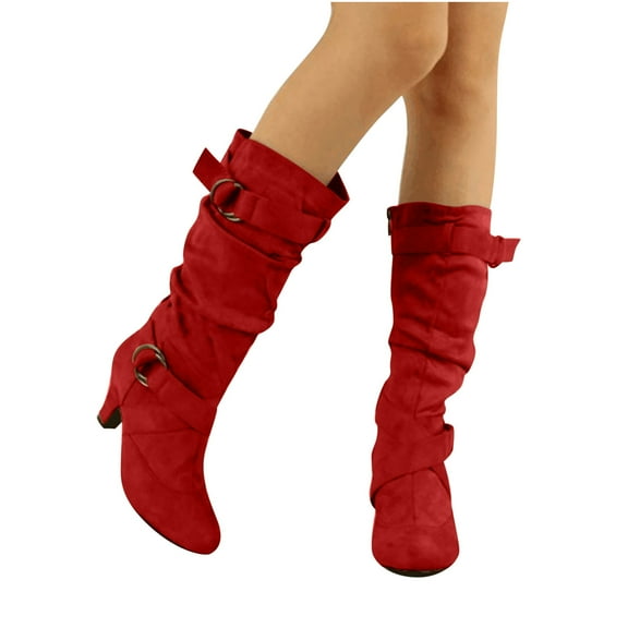 Wavsuf Cowboy Boots for Women Wide Calf Round Toe with Fuzz Mid Calf Flock Red Shoes Size 36