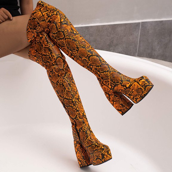 Wavsuf Cowboy Boots for Women Wide Calf Knee High Winter with High Heel Orange Shoes Size 39