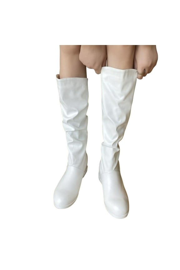 Cowgirl Boots for Girls Knee High Oversized Flat Winter White Shoes Size 40