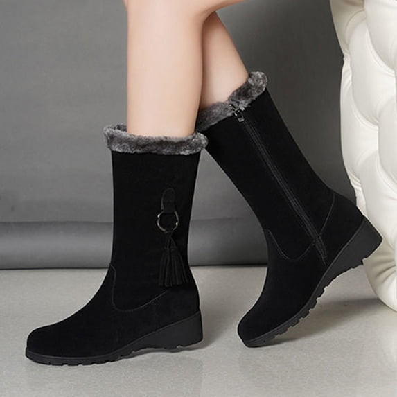 Wavsuf Cowgirl Boots for Women Flock Mid Calf with Zipper Slip Resistant Oversized Winter Black Shoes Size 38