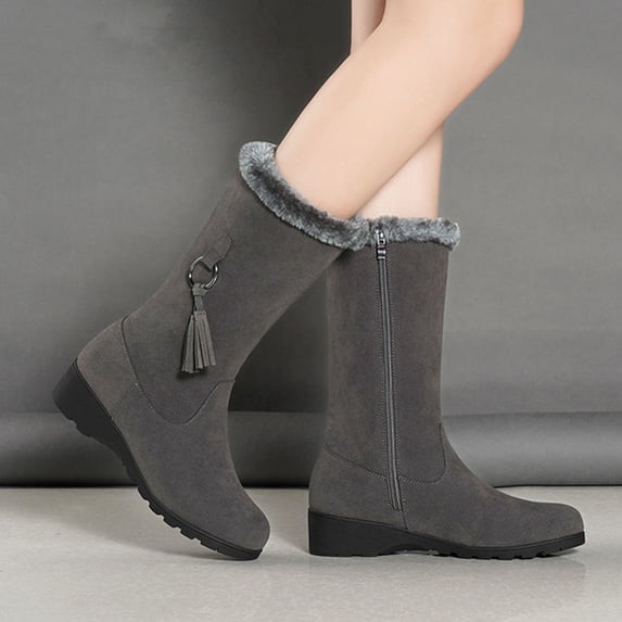 Wavsuf Cowgirl Boots for Women Mid Calf Winter Flock with Zipper Slip Resistant Oversized Gray Shoes Size 35