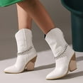 thumbnail image 1 of Wavsuf Cowgirl Boots for Women Thin with Zipper with Fuzz Winter Short Ankle-High with High Heel White Shoes Size 36, 1 of 5