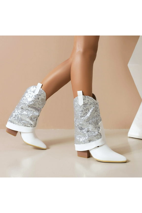 Cowgirl Boots for Women Western Mid Calf with High Heel Winter Silver Shoes Size 41